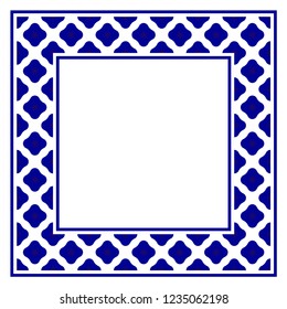 blue and white ceramic decorative square frame, beautiful porcelain ornament border, vector illustration