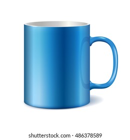 Blue and white ceramic mug for printing corporate logo. Cup isolated on white background. Vector 3D illustration