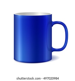 Blue and white ceramic mug for printing corporate logo. Cup isolated on white background. Vector 3D illustration