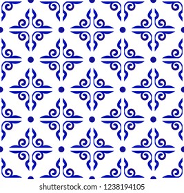 blue and white ceramic pattern indigo arabesque style, seamless porcelain pottery background, abstract baroque wallpaper decor vector illustration