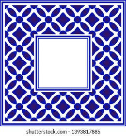 blue and white ceramic square frame, beautiful porcelain ornament border, indigo template decor, vector illustration