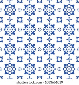 Blue and white ceramic tile seamless pattern. Vintage style porcelain background. Repeat pattern design for ceiling, texture, wall, paper and textile. Vector illustration. 