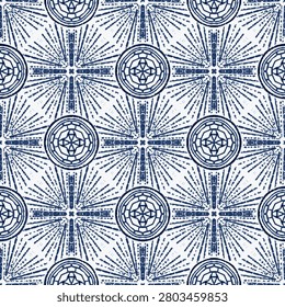 Blue and white ceramic tile seamless pattern. Geometric porcelain ornament background. Indigo blue vintage mandala patchwork design for wallpaper or textile.