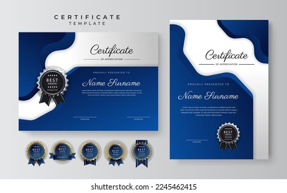 Blue and white certificate of achievement border template with luxury badge and modern line pattern. For award, business, and education needs