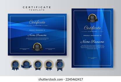 Blue and white certificate of achievement border template with luxury badge and modern line pattern. For award, business, and education needs