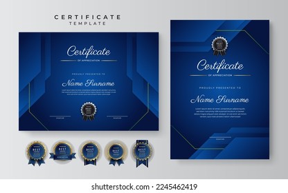 Blue and white certificate of achievement border template with luxury badge and modern line pattern. For award, business, and education needs