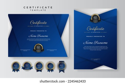 Blue and white certificate of achievement border template with luxury badge and modern line pattern. For award, business, and education needs