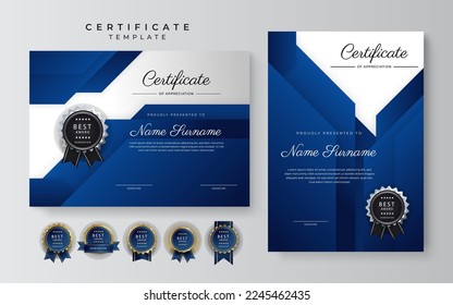 Blue and white certificate of achievement border template with luxury badge and modern line pattern. For award, business, and education needs
