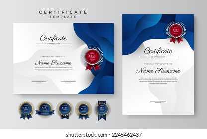 Blue and white certificate of achievement border template with luxury badge and modern line pattern. For award, business, and education needs