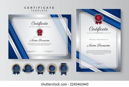 Plantilla de borde de certificado de logro azul y blanco con placa de lujo y patrón de línea moderna. Para las necesidades de premios, negocios y educación