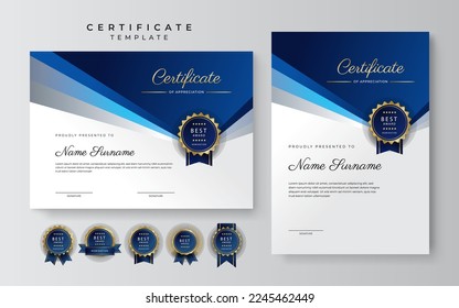 Blue and white certificate of achievement border template with luxury badge and modern line pattern. For award, business, and education needs