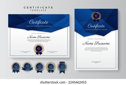 Blue and white certificate of achievement border template with luxury badge and modern line pattern. For award, business, and education needs
