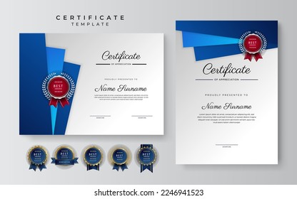 Blue and white certificate of achievement border template with luxury badge and modern line pattern. For award, business, and education needs