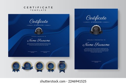 Blue and white certificate of achievement border template with luxury badge and modern line pattern. For award, business, and education needs