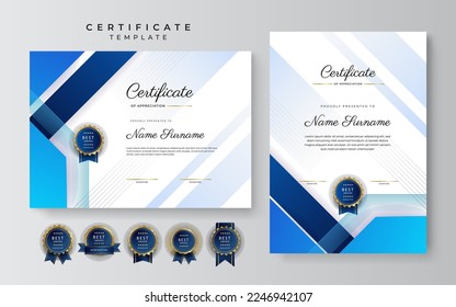 Blue and white certificate of achievement border template with luxury badge and modern line pattern. For award, business, and education needs