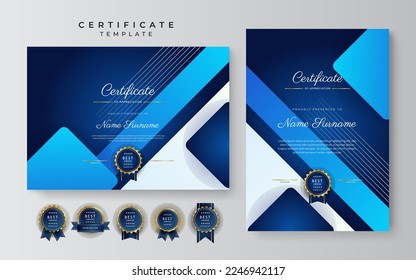 Blue and white certificate of achievement border template with luxury badge and modern line pattern. For award, business, and education needs
