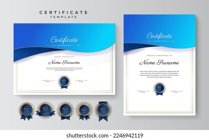 Blue and white certificate of achievement border template with luxury badge and modern line pattern. For award, business, and education needs