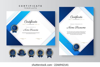 Blue and white certificate of achievement border template with luxury badge and modern line pattern. For award, business, and education needs