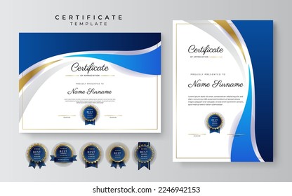 Blue and white certificate of achievement border template with luxury badge and modern line pattern. For award, business, and education needs
