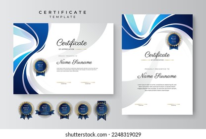 Blue and white certificate of achievement border template with luxury badge and modern line pattern. For award, business, and education needs