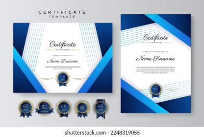 Plantilla de borde de certificado de logro azul y blanco con placa de lujo y patrón de línea moderna. Para las necesidades de premios, negocios y educación