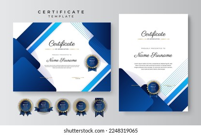 Blue and white certificate of achievement border template with luxury badge and modern line pattern. For award, business, and education needs