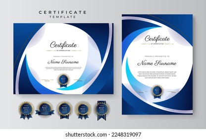 Blue and white certificate of achievement border template with luxury badge and modern line pattern. For award, business, and education needs