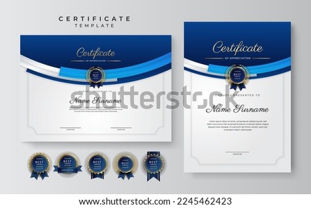 Blue and white certificate of achievement border template with luxury badge and modern line pattern. For award, business, and education needs