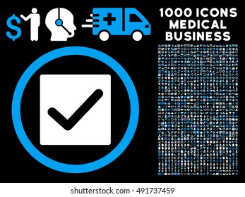 Blue And White Check vector bicolor rounded icon. Image style is a flat icon symbol inside a circle, black background. Bonus clipart is 1000 health care business pictographs.