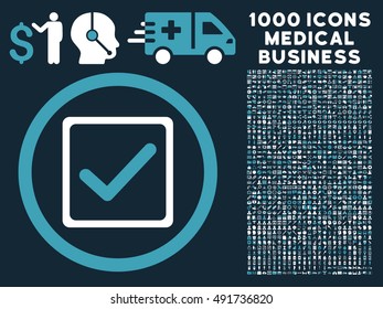 Blue And White Checkbox vector bicolor rounded icon. Image style is a flat icon symbol inside a circle, dark blue background. Bonus clipart contains 1000 health care business design elements.