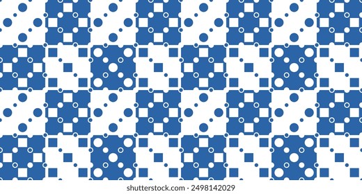 Blue and white checkerboard pattern of squares with squares or circles inside. Geometric chess pattern tiles.