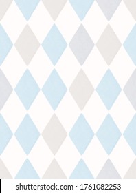 Blue and White Checkered Vector Pattern. Pastel Color Arlekin Print. Watercolor style Geometric Backdrop. Light Blue and Gray Diamonds isolated on a White Background. Caro Repeatable Design.