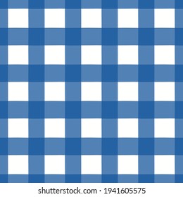 Blue, white checks, Gingham, plaid seamless geometric pattern on white background. Hand drawn style vector illustration. Design concept for kids nautical fashion print, textile, wallpaper, packaging.