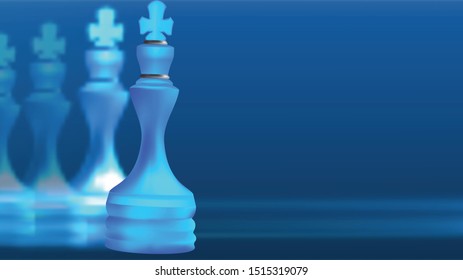 Blue White Chess King. Become a leader. Business And Sport Concept. Isolated On Blue Background. Vector Illustration