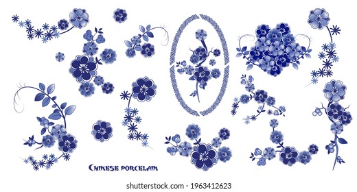 

Ramas florales azules y blancas chinas. Diseñar elementos en un fondo blanco. Vector clipart.