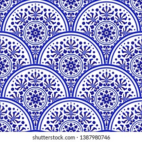 blue and white Chinese pattern with scale patchwork style, abstract floral decorative indigo mandala for your design element, ceramic porcelain damask wallpaper seamless decor vector illustration