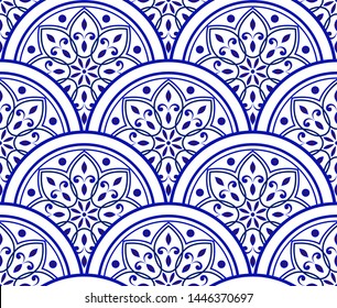 blue and white Chinese pattern with scale patchwork style, abstract floral decorative indigo mandala for your design element, ceramic porcelain damask wallpaper seamless decor vector illustration