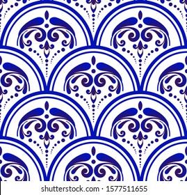 blue and white Chinese pattern with scale patchwork style, abstract floral decorative indigo for your design element, ceramic background, porcelain damask wallpaper seamless decor vector illustration