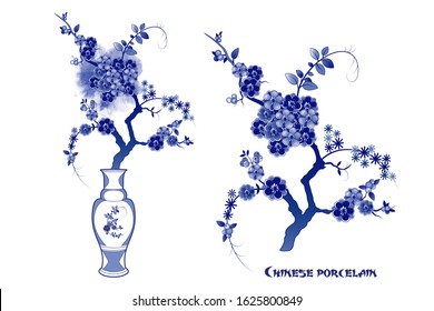
 Blue And  White  Chinese Vase And Flowering Branches. Design Elements On A White Background. Vector Set. 