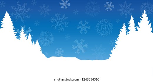 blue and white chrismas winter background with snowflakes and firs vector illustration EPS10