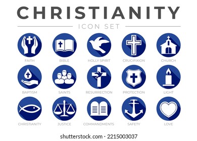 Blue and White Christianity Icon Set with Faith, Bible, Crucifixion , Baptism, Church, Resurrection, Holy Spirit, Saints, Commandments,Light, Protection, Justice, Safety and Love Color Icons