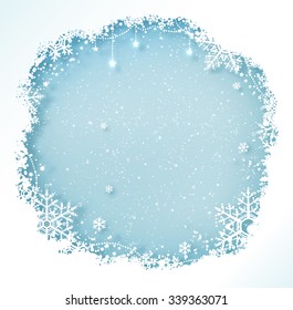 Blue and white Christmas frame with snowflakes and falling snow.