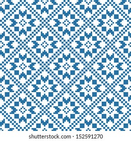 Blue and white Christmas knitted pattern with nordic style snowflakes, vector seamless illustration