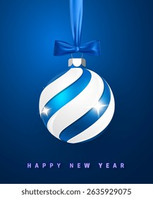 Blue and White Christmas Ornament with Ribbon and Shine Effect on Dark Blue Background. Elegant New Year Holiday Design for Seasonal Decor and Greetings. Vector Illustration.