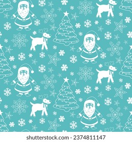 Patrón de Navidad azul y blanco con Santa Claus, árbol de Navidad, reno y copos de nieve. Dibujar elementos blancos sobre fondo azul claro. Diseño de vacaciones de invierno para decoración, envoltura