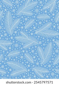 Blue and white Christmas tree twigs and snowflakes seamless pattern, New year design background. Minimalistic graphic illustration. Hand made vector pattern.
