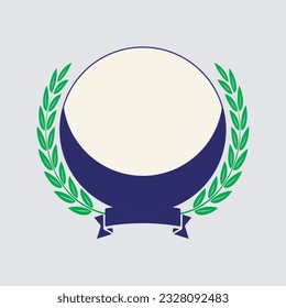 A blue and white circle with green leaves and a ribbon, concept design vector, illustration