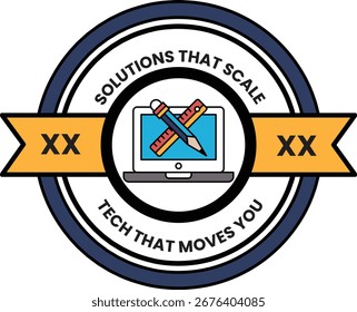 A blue and white circle with a pencil and ruler on it. The circle is surrounded by a yellow ribbon. The circle says "Solutions that Scale Tech that Moves You"