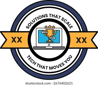A blue and white circle with a trophy on it and the words solutions that scale tech that moves you