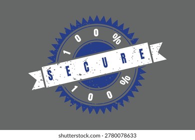A blue and white circular badge with a distressed texture featuring the word secure written on a horizontal banner across the center with 100 percent text surrounding the inner circle on gray